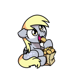Size: 1000x1000 | Tagged: safe, artist:sugar morning, derpibooru import, part of a set, derpy hooves, pegasus, pony, animated, chibi, cute, daaaaaaaaaaaw, derpabetes, eating, female, food, frame by frame, gif, image, mare, muffin, paper bag, perfect loop, simple background, sitting, solo, sugar morning's snacc and drincc, that pony sure does love muffins, transparent background