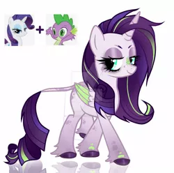 Size: 1280x1272 | Tagged: safe, artist:sush-adopts, derpibooru import, rarity, spike, oc, dracony, hybrid, deviantart watermark, image, interspecies offspring, jpeg, obtrusive watermark, offspring, parent:rarity, parent:spike, parents:sparity, simple background, watermark, white background