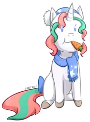 Size: 1252x1680 | Tagged: safe, artist:foxhatart, derpibooru import, oc, oc:mint, pony, unicorn, bow, carrot, chibi, clothes, female, food, image, mare, png, scarf, simple background, solo, tail bow, transparent background