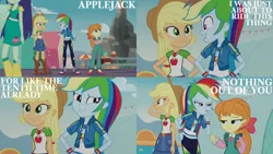 Size: 1280x720 | Tagged: safe, derpibooru import, editor:quoterific, applejack, megan williams, rainbow dash, human, equestria girls, equestria girls series, rollercoaster of friendship, applejack's hat, bow, clothes, cowboy hat, duo, duo female, female, hair bow, hat, image, jpeg, open mouth, tallulah, teeth, trio, trio female