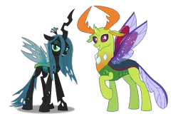 Size: 1720x1150 | Tagged: safe, artist:anime-equestria, artist:lightningbolt, derpibooru import, queen chrysalis, thorax, changedling, changeling, changeling queen, absurd resolution, crown, curved horn, derpibooru exclusive, eyeshadow, female, grin, happy, horn, horns, image, insect wings, jewelry, king thorax, looking at you, makeup, male, png, raised hoof, regalia, simple background, smiling, solo, spread wings, standing, .svg available, transparent background, vector, wings