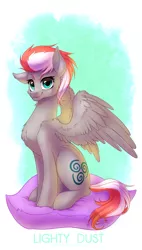 Size: 1080x1902 | Tagged: safe, derpibooru import, oc, oc:lighty dust, unofficial characters only, pegasus, pony, chest fluff, female, fluffy, image, mare, pegasus oc, pillow, png, simple background, sitting, spread wings, wings