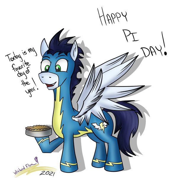 Size: 1336x1388 | Tagged: safe, artist:whirlwindflux, derpibooru import, soarin', pegasus, pony, clothes, food, image, jpeg, male, pi day, pie, simple background, solo, spread wings, stallion, that pony sure does love pies, uniform, white background, wings, wonderbolts, wonderbolts uniform