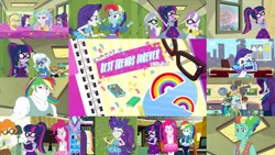 Size: 1280x721 | Tagged: safe, derpibooru import, edit, edited screencap, editor:quoterific, screencap, applejack, bulk biceps, diamond tiara, microchips, pinkie pie, princess celestia, rainbow dash, rarity, sci-twi, scribble dee, silver spoon, snails, snips, trixie, twilight sparkle, wiz kid, zephyr breeze, best trends forever, equestria girls, equestria girls series, applejack's hat, best trends forever: pinkie pie, best trends forever: rainbow dash, best trends forever: twilight sparkle, book, canterlot high, celestia is not amused, choose your own ending (season 1), clothes, confetti, cowboy hat, cutie mark, cutie mark on clothes, geode of shielding, geode of sugar bombs, geode of super speed, geode of super strength, geode of telekinesis, glasses, hallway, hands behind back, hands on hip, hat, image, jpeg, library, lockers, magic, magical geodes, messy hair, ponytail, principal celestia, smiling, telekinesis, the great and nerdy trixie, unamused, wall of tags, window