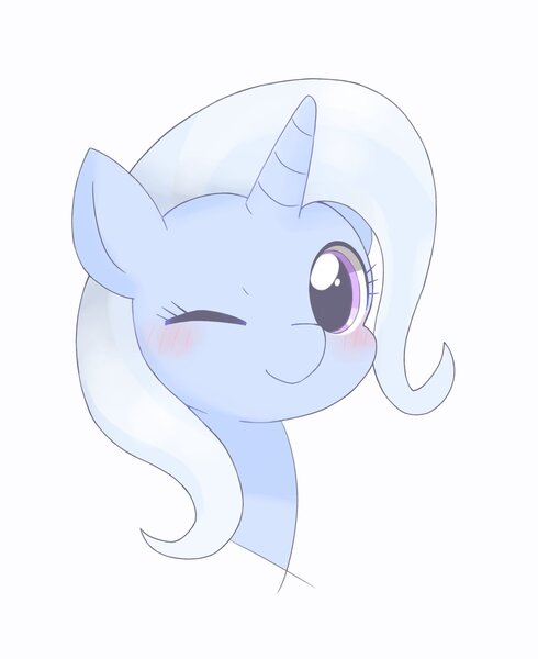 Size: 1569x1920 | Tagged: safe, artist:arrow__root, trixie, pony, unicorn, blushing, bust, cute, diatrixes, female, image, jpeg, looking at you, mare, one eye closed, portrait, simple background, smiling, solo, weapons-grade cute, white background, wink