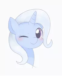 Size: 1569x1920 | Tagged: safe, artist:arrow__root, trixie, pony, unicorn, blushing, bust, cute, diatrixes, female, image, jpeg, looking at you, mare, one eye closed, portrait, simple background, smiling, solo, weapons-grade cute, white background, wink