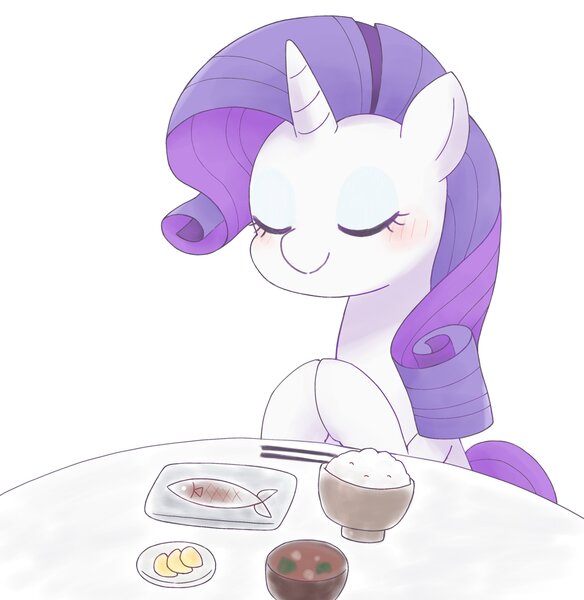 Size: 2549x2618 | Tagged: safe, artist:arrow__root, rarity, fish, pony, unicorn, blushing, bowl, bust, chopsticks, cute, female, food, high res, hooves together, image, jpeg, mare, meat, ponies eating meat, ponies eating seafood, raribetes, rice, seafood, simple background, solo, table, white background