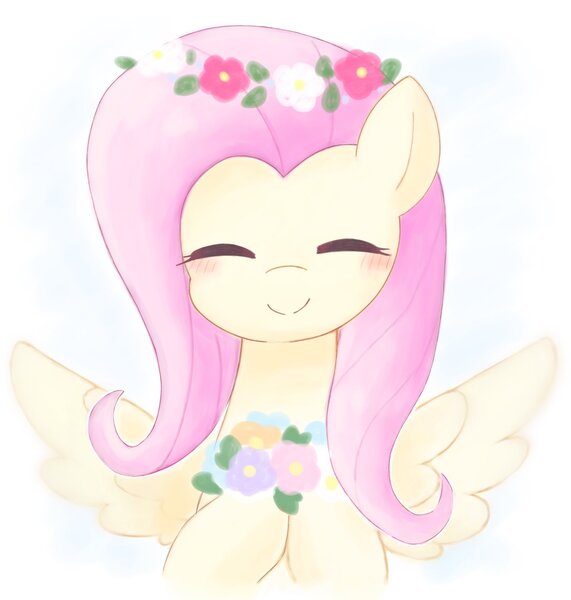 Size: 1828x1920 | Tagged: safe, artist:arrow__root, fluttershy, pegasus, pony, blushing, bust, cute, eyes closed, female, floral head wreath, flower, image, jpeg, mare, shyabetes, smiling, solo, spread wings, wings