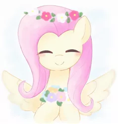 Size: 1828x1920 | Tagged: safe, artist:arrow__root, fluttershy, pegasus, pony, blushing, bust, cute, eyes closed, female, floral head wreath, flower, image, jpeg, mare, shyabetes, smiling, solo, spread wings, wings