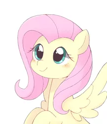 Size: 1424x1639 | Tagged: safe, artist:arrow__root, fluttershy, pegasus, pony, blushing, bust, cute, female, image, jpeg, mare, portrait, shyabetes, simple background, smiling, solo, spread wings, three quarter view, white background, wings