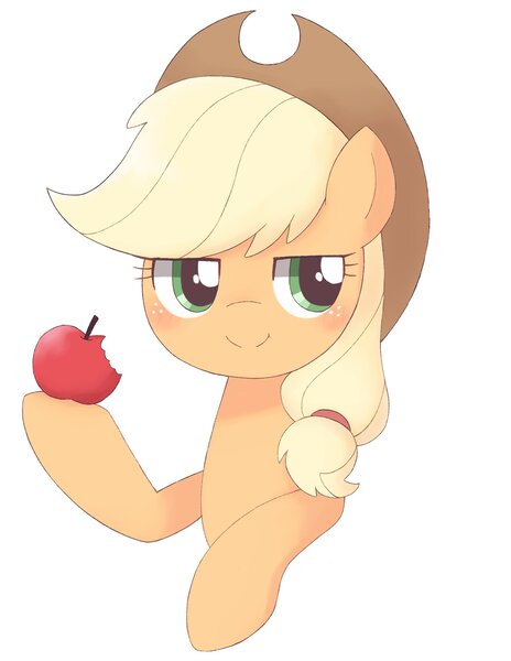 Size: 1486x1920 | Tagged: safe, artist:arrow__root, applejack, earth pony, pony, apple, blushing, bust, cute, female, food, image, jackabetes, jpeg, lidded eyes, mare, simple background, solo, white background