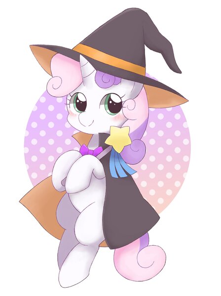 Size: 1912x2559 | Tagged: safe, artist:arrow__root, sweetie belle, pony, unicorn, abstract background, blank flank, blushing, bowtie, cape, clothes, costume, cute, diasweetes, female, filly, halloween, halloween costume, hat, holiday, image, jpeg, magic wand, solo, witch, witch hat