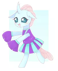 Size: 1560x1920 | Tagged: safe, artist:arrow__root, ocellus, changedling, changeling, bipedal, blushing, cheerleader, cheerleader ocellus, cheerleader outfit, clothes, cute, diaocelles, female, image, jpeg, open mouth, pom pom, solo