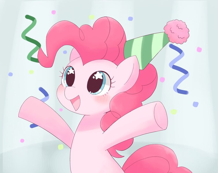 Size: 2048x1628 | Tagged: safe, artist:arrow__root, pinkie pie, earth pony, pony, blushing, bust, confetti, cute, diapinkes, female, hat, hooves out, image, jpeg, mare, open mouth, party hat, smiling, solo, starry eyes, streamers, three quarter view, wingding eyes