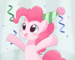 Size: 2048x1628 | Tagged: safe, artist:arrow__root, pinkie pie, earth pony, pony, blushing, bust, confetti, cute, diapinkes, female, hat, hooves out, image, jpeg, mare, open mouth, party hat, smiling, solo, starry eyes, streamers, three quarter view, wingding eyes