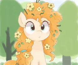 Size: 1920x1596 | Tagged: safe, artist:arrow__root, pear butter, earth pony, pony, blushing, bust, cute, female, flower, flower in hair, image, jpeg, messy mane, ponytail, sitting, solo, tree