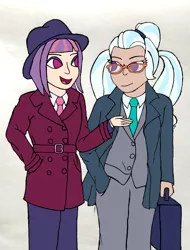 Size: 2054x2703 | Tagged: safe, artist:jesterofdestiny, derpibooru import, sugarcoat, sunny flare, clothes, glasses, hat, human coloration, image, looking at each other, necktie, png, suit, suitcase, trenchcoat