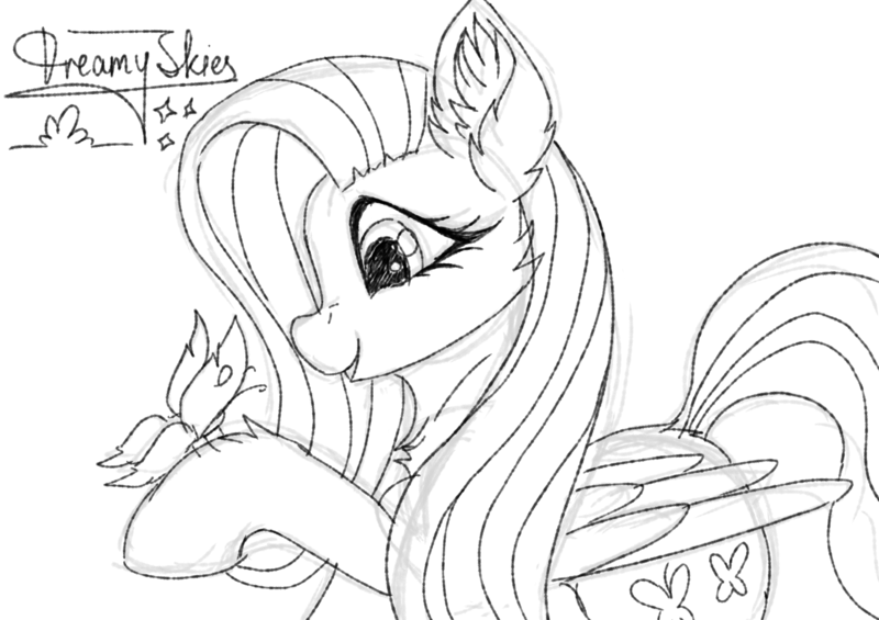 Size: 1700x1200 | Tagged: safe, artist:dreamyskies, derpibooru import, fluttershy, butterfly, insect, pegasus, pony, colorless, image, monochrome, png, quick draw, quick sketch, sketch