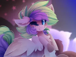 Size: 1600x1200 | Tagged: safe, artist:liquorice_sweet, derpibooru import, oc, unofficial characters only, pegasus, pony, cheek fluff, chest fluff, ear fluff, eye clipping through hair, female, floppy ears, freckles, image, jpeg, looking at you, mare, one eye closed, smiling, smiling at you, solo, underhoof, wink, winking at you