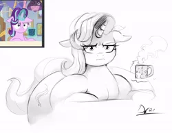 Size: 1120x870 | Tagged: suggestive, artist:thelunarmoon, derpibooru import, starlight glimmer, pony, unicorn, :i, fat, female, i mean i see, image, jpeg, looking at you, mare, mug, obese, screencap reference, sketch, solo, solo female