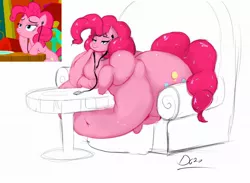 Size: 2080x1520 | Tagged: suggestive, artist:thelunarmoon, derpibooru import, pinkie pie, earth pony, pony, belly, belly button, big belly, butt, chair, earbuds, fat, female, huge belly, huge butt, image, ipod, jpeg, large butt, lidded eyes, morbidly obese, mp3 player, obese, screencap reference, sitting, smiling, solo, solo female