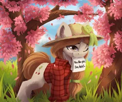 Size: 2216x1855 | Tagged: safe, artist:hitbass, derpibooru import, oc, unofficial characters only, earth pony, pony, clothes, commission, ear fluff, female, grass, hat, image, jpeg, mare, mouth hold, one eye closed, scenery, shirt, smiling, solo, tree