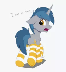 Size: 2745x3000 | Tagged: safe, artist:arcane-thunder, derpibooru import, oc, oc:arcane thunder, unofficial characters only, pony, unicorn, blushing, butt, clothes, dialogue, embarrassed, floppy horn, horn, image, looking back, male, open mouth, plot, png, simple background, socks, solo, stallion, striped socks, white background