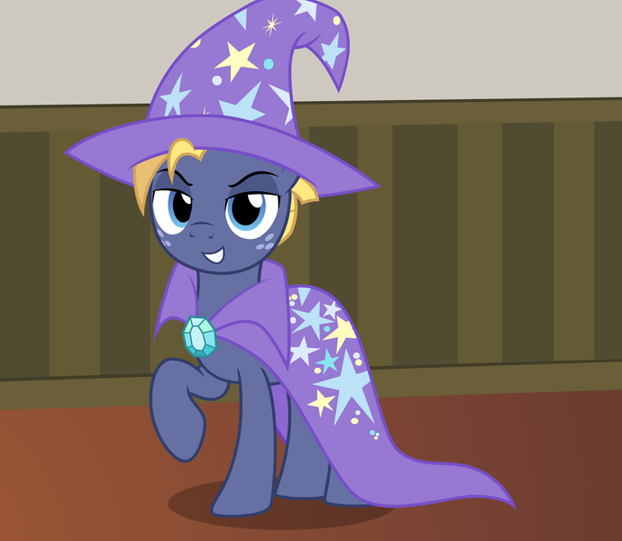 Size: 2488x2164 | Tagged: safe, alternate version, artist:badumsquish, derpibooru import, part of a set, star tracker, trixie, pony, unicorn, once upon a zeppelin, cape, clothes, cosplay, costume, crossdressing, crossplay, cute, derpibooru exclusive, freckles, frown, gem, grin, happy, hat, image, looking at you, male, png, pose, raised hoof, show accurate, smiling, smug, solo, stallion, teeth, trackerbetes, trixie's cape, trixie's hat