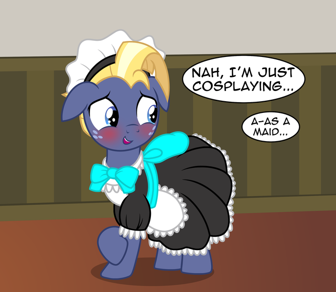 Size: 2488x2164 | Tagged: safe, alternate version, artist:badumsquish, derpibooru import, part of a set, star tracker, pony, unicorn, once upon a zeppelin, apron, blushing, bow, clothes, cosplay, costume, crossdressing, crossplay, cute, derpibooru exclusive, dialogue, dress, floppy ears, freckles, french maid, grin, happy, image, looking at you, looking away, maid, male, open mouth, png, pose, raised hoof, show accurate, smiling, solo, stallion, trackerbetes