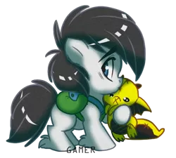 Size: 530x478 | Tagged: safe, artist:thegamercolt, derpibooru import, oc, oc:thegamercolt, earth pony, backpack, dragon plushie, fluffy, foal, image, plushie, png, simple background, solo