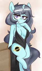 Size: 1500x2500 | Tagged: suggestive, artist:fullmetalpikmin, derpibooru import, oc, oc:insatiable void, unofficial characters only, anthro, unguligrade anthro, unicorn, absolute cleavage, arm hooves, bipedal, breasts, cleavage, clothes, commission, dress, female, image, lidded eyes, looking at you, open mouth, png, solo, solo female