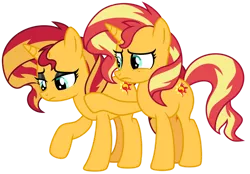 Size: 1024x714 | Tagged: safe, artist:emeraldblast63, derpibooru import, sunset shimmer, ponified, pony, unicorn, equestria girls, equestria girls series, comforting, cute, doppelganger, duality, equestria girls ponified, eyeshadow, hoof on shoulder, human sunset, image, makeup, png, ponified humanized pony, sad, self ponidox, shimmerbetes