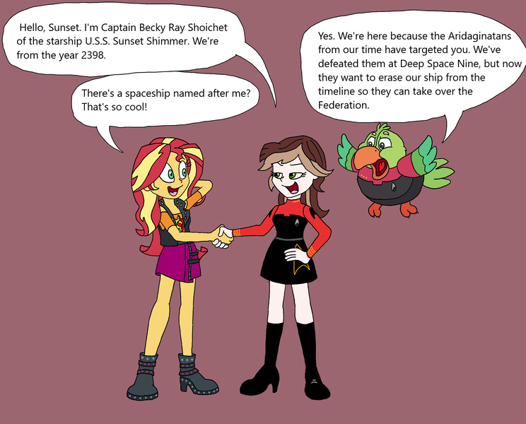 Size: 2358x1901 | Tagged: safe, artist:bugssonicx, derpibooru import, sunset shimmer, oc, oc:captain becky ray shoichet, oc:commander inat'p, bird, parakeet, equestria girls, handshake, image, png, star trek