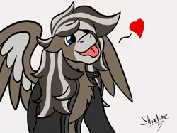Size: 2732x2048 | Tagged: safe, artist:captshowtime, derpibooru import, oc, oc:acoustic strings, clydesdale, pegasus, pony, bleep, clothes, cute, digital art, fluffy, heart, image, jacket, long hair, love, pegasus oc, png, punk, rocker, silly, simple background, sketch, solo, tongue out, wings