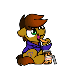 Size: 1000x1000 | Tagged: safe, artist:sugar morning, derpibooru import, part of a set, oc, oc:twitchyylive, unofficial characters only, earth pony, pony, animated, chibi, cute, daaaaaaaaaaaw, eating, food, frame by frame, fruit, gif, image, jar, male, mango, ocbetes, simple background, sitting, solo, stallion, sugar morning's snacc and drincc, transparent background