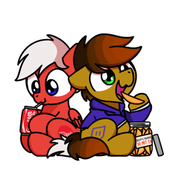 Size: 1000x1000 | Tagged: safe, artist:sugar morning, derpibooru import, part of a set, oc, oc:coke, oc:twitchyylive, unofficial characters only, earth pony, pegasus, pony, animated, chibi, coca-cola, cute, daaaaaaaaaaaw, drinking, eating, food, frame by frame, gif, image, male, ocbetes, simple background, sitting, stallion, sugar morning's snacc and drincc, transparent background