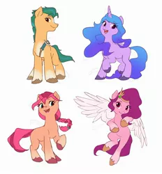 Size: 2590x2793 | Tagged: safe, artist:luciferamon, derpibooru import, hitch trailblazer, izzy moonbow, pipp, sunny starscout, earth pony, pegasus, pony, unicorn, adorapipp, braid, cute, female, g5, high res, image, izzybetes, jpeg, looking at you, male, mare, open mouth, raised hoof, simple background, smiling, spread wings, stallion, sunnybetes, unshorn fetlocks, white background, wings