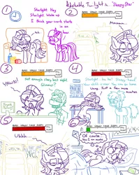 Size: 4779x6013 | Tagged: safe, artist:adorkabletwilightandfriends, derpibooru import, starlight glimmer, twilight sparkle, zephyr breeze, oc, oc:ellen, alicorn, comic:adorkable twilight and friends, adorkable, adorkable twilight, bed, bedroom, break room, butt, car, cashier, checkstand, chips, clock, comic, couch, cute, day, dimples, dimples of venus, dork, drink, driving, food, grocery store, groggy, humor, image, insomnia, kite, lying down, meter, night, nostril flare, nostrils, open mouth, peanut butter, pillow, plot, png, reminder, sitting, sleeping, sleepy, slice of life, snacks, soda, table, tired, too real, twilight sparkle (alicorn), volvo, work, yawn