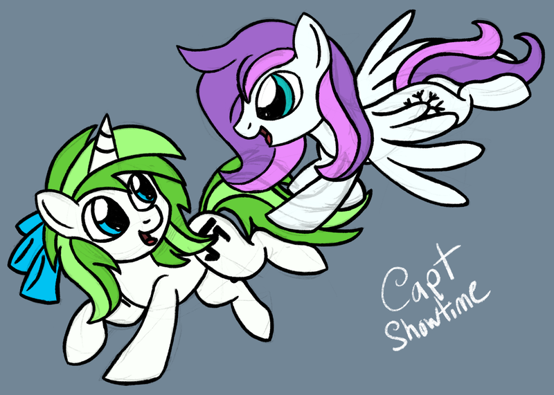 Size: 2868x2048 | Tagged: safe, artist:captshowtime, derpibooru import, oc, oc:minty root, oc:snow kicker, pegasus, pony, unicorn, bow, bowtie, commission, female, flying, image, png, ponysona, running, siblings, simple background, sisters, sketch