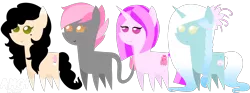 Size: 2140x800 | Tagged: safe, artist:amgiwolf, derpibooru import, oc, oc:amgi, oc:candy sweetti, oc:pinky rose, unofficial characters only, earth pony, pony, unicorn, choker, earth pony oc, female, flower, flower in hair, horn, image, leonine tail, mare, png, pointy ponies, simple background, smiling, transparent background, unicorn oc