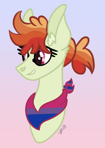 Size: 1155x1628 | Tagged: safe, artist:caramelbolt24, derpibooru import, oc, unofficial characters only, earth pony, pony, abstract background, bisexual pride flag, bust, commission, ear fluff, earth pony oc, eyelashes, grin, image, jpeg, neckerchief, pride, pride flag, signature, smiling, solo, ych result