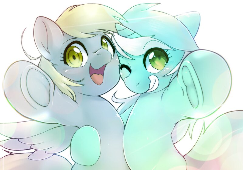 Size: 2048x1430 | Tagged: safe, artist:kurogewapony, derpibooru import, derpy hooves, lyra heartstrings, pegasus, pony, unicorn, cute, female, hug, image, jpeg, lens flare, looking at you, mare, pointing, simple background, smiling, white background, wrong eye color