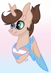 Size: 1146x1628 | Tagged: safe, artist:caramelbolt24, derpibooru import, oc, unofficial characters only, alicorn, pony, abstract background, alicorn oc, bust, commission, ear fluff, glasses, horn, image, jpeg, pride, pride flag, signature, solo, transgender pride flag, two toned wings, wings, ych result