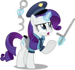 Size: 5023x4673 | Tagged: safe, artist:anime-equestria, derpibooru import, rarity, pony, unicorn, baton, clothes, cuffs, fashion police, female, gun, handgun, hat, holster, horn, image, levitation, magic, mare, necktie, png, police, revolver, simple background, solo, sparkles, telekinesis, transparent background, uniform, vector, weapon