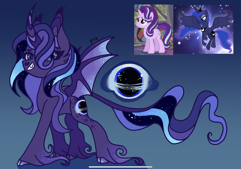 Size: 2388x1668 | Tagged: safe, artist:caramelbolt24, derpibooru import, princess luna, starlight glimmer, oc, alicorn, bat pony, bat pony alicorn, pony, unicorn, bat wings, black hole, ear fluff, ethereal mane, female, flying, galaxy mane, gradient background, hoof fluff, horn, image, mare, parents:starluna, png, screencap reference, signature, wings