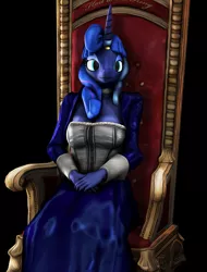 Size: 819x1080 | Tagged: safe, artist:litterpaws, derpibooru import, princess luna, anthro, 3d, alternate hairstyle, clothes, corset, female, hands in lap, horn, horn ring, image, jewelry, looking at you, png, ring, source filmmaker, throne, wingless, wingless anthro