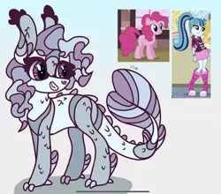 Size: 1894x1668 | Tagged: safe, artist:caramelbolt24, derpibooru import, oc, earth pony, pony, siren, equestria girls, abstract background, clothes, crack ship offspring, ear fluff, female, grin, image, jpeg, looking back, mare, parent:pinkie pie, parent:sonata dusk, screencap reference, signature, siren oc, smiling