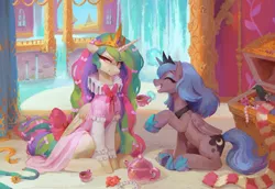 Size: 3931x2704 | Tagged: safe, artist:orchidpony, derpibooru import, princess celestia, princess luna, alicorn, pony, :t, bow, celestia is not amused, clothes, dress, duo, duo female, embarrassed, eyes closed, female, grin, hair bow, image, png, princess luna is amused, royal sisters, ruff (clothing), siblings, sisters, sitting, smiling, tail bow, teapot, unamused, waterfall