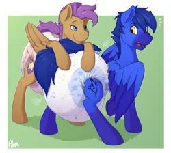 Size: 2700x2415 | Tagged: suggestive, artist:ailoy4, derpibooru import, oc, oc:bulwark, oc:skaj, unofficial characters only, pegasus, pony, art trade, diaper, diaper fetish, fetish, image, looking back, male, non-baby in diaper, png, poofy diaper, raised hoof, raised leg, stallion, underhoof