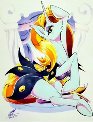 Size: 3024x3938 | Tagged: safe, artist:025aki, derpibooru import, sassy saddles, pony, unicorn, blushing, clothes, female, image, jpeg, mare, smiling, solo, traditional art